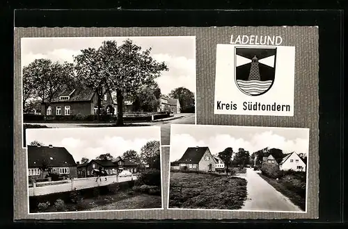 AK Ladelund bei Südtondern, Wappen mit Leuchtturm, Strasse in den Ort, Wohnhäuser