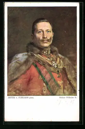 Künstler-AK Kaiser Wilhelm II., Portrait des Monarchen im Pelzmantel