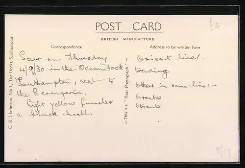 AK Southampton, das Passagierschiff R.M.S. Orford der Orient Line