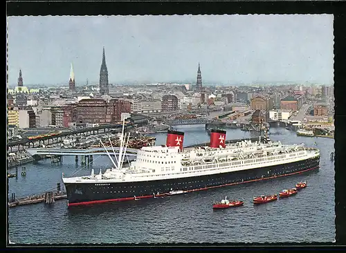 AK Hamburg, der Passagierschiff-Schnelldampfer Hanseatic mit Blick auf die Stadt