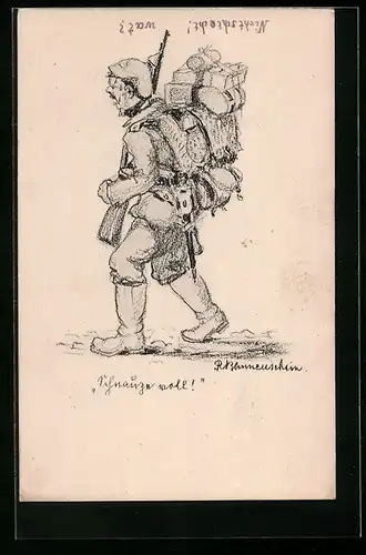 Künstler-AK Soldat in Uniform mit viel Gepäck auf dem Marsch, Soldatenhumor