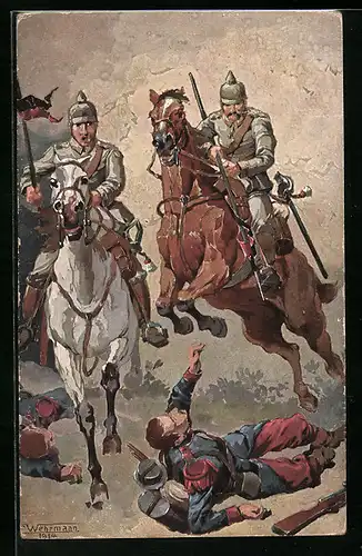 Künstler-AK Soldaten in Uniform reiten ins Gefecht, Kavallerie
