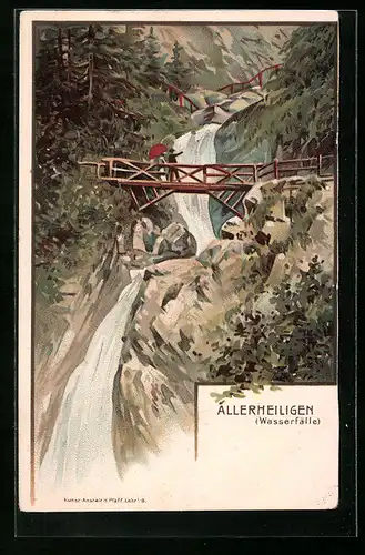 Lithographie Allerheiligen, Spaziergänger auf einer Holzbrücke über dem Wasserfall