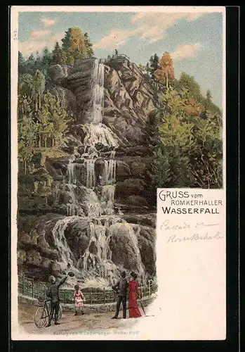 Lithographie Goslar, Passanten mit Fahrrad am Romkerhaller Wasserfall