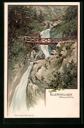Lithographie Allerheiligen, Spaziergänger auf einer Holzbrücke am Wasserfall