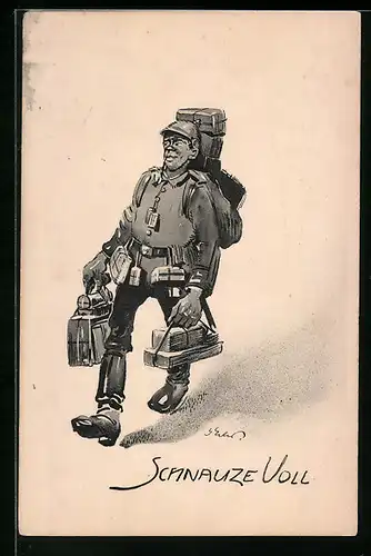 Künstler-AK Schnauze Voll, Soldat mit Paketen bepackt, Soldatenhumor