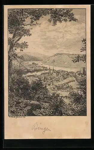 Künstler-AK Bingen a. Rhein, Generalansicht der Stadt im Tal