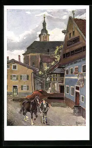 Künstler-AK Miesbach, Blick in die Ledererstrasse, Mann mit Pferd