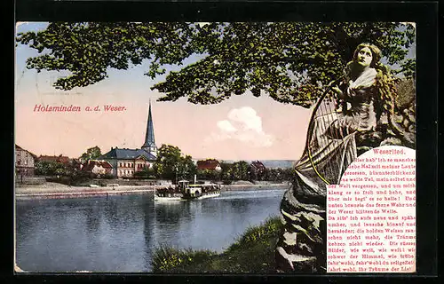 AK Holzminden / Weser, Panorama, Weserpartie mit Dampfer, Weserlied