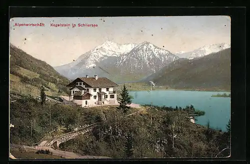 AK Schliersee, Alpengasthaus Kegelstein, Seepartie aus der Vogelschau