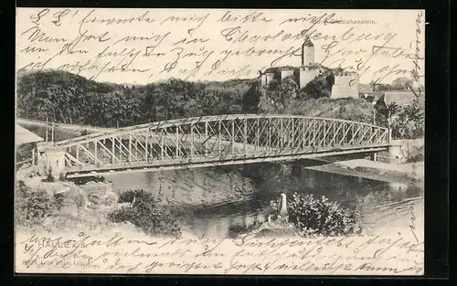 AK Halle a. S., Blick zur Burg Giebichenstein, Flusspartie mit Brücke