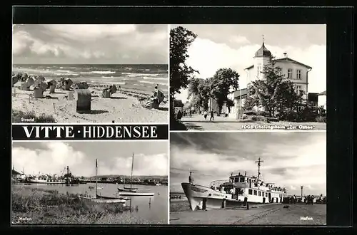 AK Vitte / Hiddensee, FDGB-Erholungsheim Zur Ostsee, Strand und Hafen