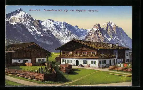 AK Garmisch, Bauernhaus mit Alp- und Zugspitze