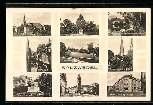 AK Salzwedel, Katharinenkirche, Steintor, Jeetzepartie, Ulanen-Denkmal, Hotel Schwarzer Adler und alte Wassermühle