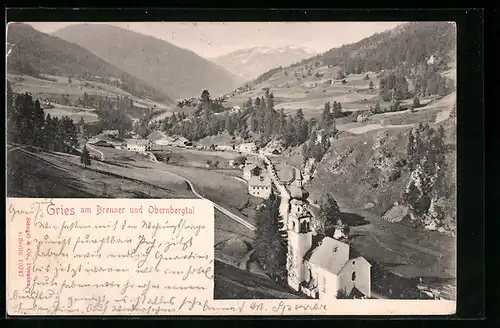 AK Gries am Brenner, Ortsansicht mit Kirche und Obernbergtal