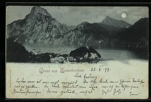 Mondschein-AK Traunkirchen, Teilansicht mit See