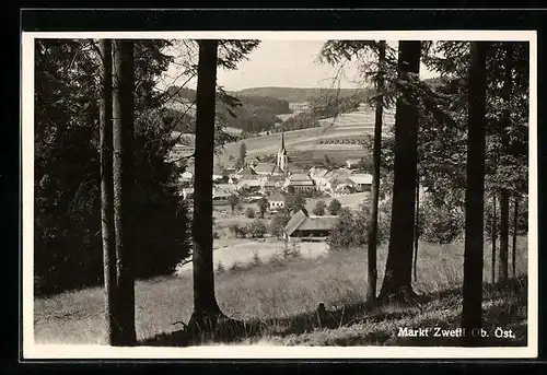 AK Markt Zwettl, Blick zum Ort mit Kirche und Umgebung