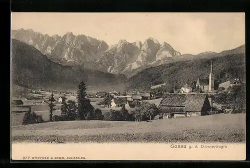 AK Gosau, Ortansicht mit Blick g. d. Donnerkogeln