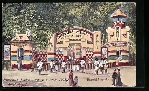 Künstler-AK Prag, Ausstellung 1908, Jubilejni vystavy v Praze 1908, Abessiner Dorf