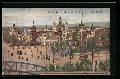AK Prag, Ausstellung 1908, Blick zum Ausstellungsgelände