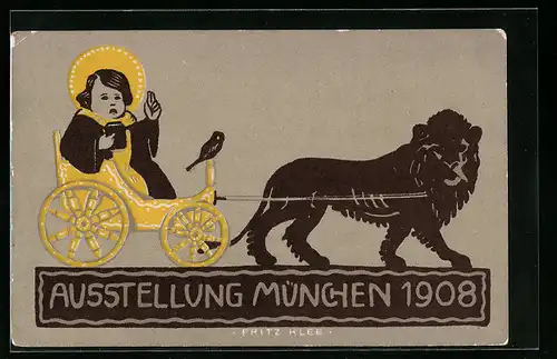 Künstler-AK München, Ausstellung 1908, Münchner Kindl vom Löwen gezogen
