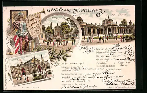 Lithographie Nürnberg, Bayerische Landes-Ausstellung 1896, Armee-Museum, West-Colonnade