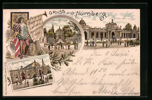 Lithographie Nürnberg, Bayerische Landes-Ausstellung 1896, Armee-Museum, West-Colonnade