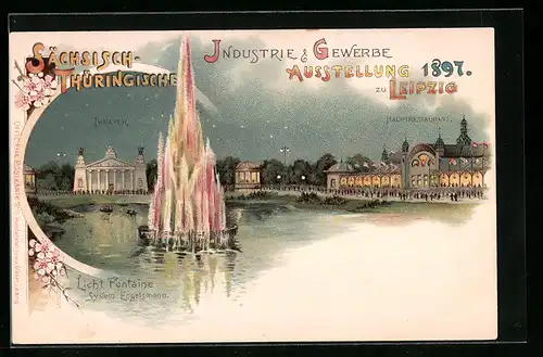 Lithographie Leipzig, Sächsisch-Thüringische Industrie & Gewerbe Ausstellung 1897, Hauptrestaurant, Licht Fontaine