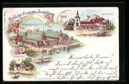Lithographie Berlin, Gewerbe-Ausstellung 1896, Alpen-Panorama, Spreewaldhaus