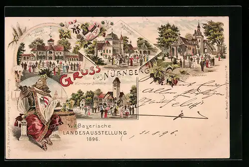 Lithographie Nürnberg, Bayerische Landesausstellung 1896, Nürnberger Bierhalle, Münchener Bierhalle