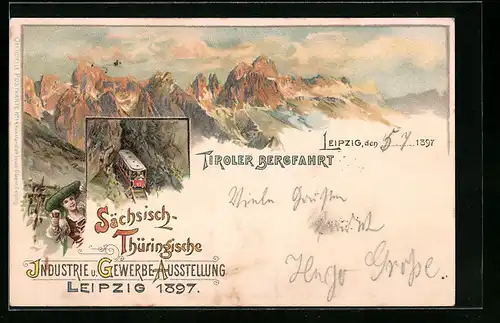 Lithographie Leipzig, Sächsisch-Thüringische Industrie- u. Gewerbe-Ausstellung 1897, Tiroler Bergfahrt, Bergbahn, Tracht