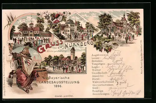 Lithographie Nürnberg, Bayerische Landesausstellung 1896, Nürnberger Bierhalle, Münchener Bierhalle