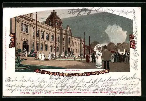 Lithographie Düsseldorf, Intern. Kunst- u. grosse Gartenbauausstellung 1904, Blick auf Kunstpalast