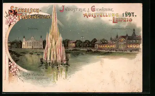 Lithographie Leipzig, Sächsisch-Thüringische Industrie- u. Gewerbe-Ausstellung 1897, Hauptrestaurant, Licht Fontaine