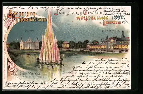 Lithographie Leipzig, Sächsisch-Thüringische Industrie- u. Gewerbe-Ausstellung 1897, Hauptrestaurant, Licht Fontaine