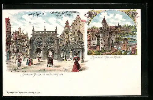 Lithographie Berlin, Gewerbe Ausstellung 1896, Spandauer Strasse mit der Gerichtslaube, Alt-Berlin