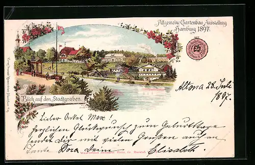 Lithographie Hamburg, Allgemeine Gartenbau Ausstellung 1897, Blick auf den Stadtgraben