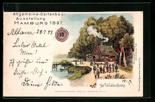 Lithographie Hamburg, Allgemeine Gartenbau Ausstellung 1897, Zur Waldschenke