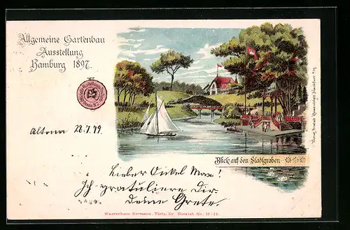 Lithographie Hamburg, Allgemeine Gartenbau Ausstellung 1897, Blick auf den Stadtgraben