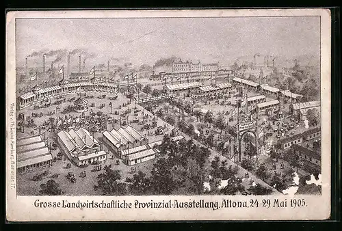 Lithographie Hamburg, Grosse Landwirtschaftliche Provinzial-Ausstellung 1905, Ausstellungsgelände a. d. Vogelschau