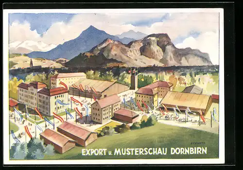 Künstler-AK Dornbirn, Ausstellung, Export- und Musterschau, Ausstellungsgelände aus der Vogelschau