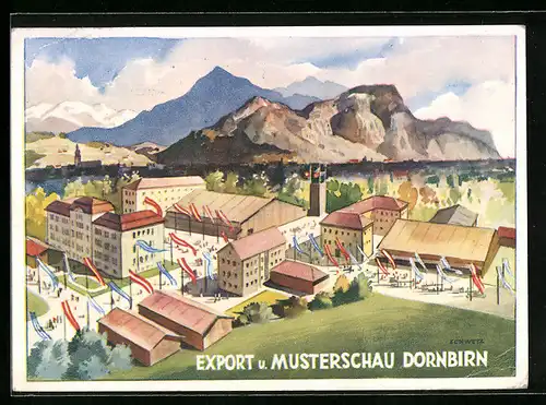 Künstler-AK Dornbirn, Ausstellung, Export- und Musterschau, Ausstellungsgelände aus der Vogelschau