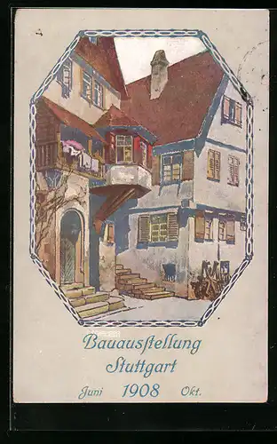 Künstler-AK Stuttgart, Bauausstellung 1908, Gebäudeansicht