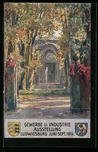 Künstler-AK Ludwigsburg, Gewerbe- und Industrie-Ausstellung 1914, Gebäude mit Springbrunnen