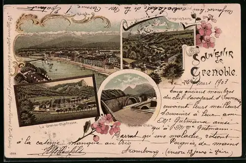 Lithographie Grenoble, Uriage-les-Baing, La Grande-Chartreuse, Pont de Claix