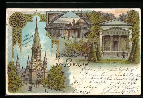 Lithographie Berlin, Bahnhof Thiergarten, Kaiser Wilhelm Gedächtnisskirche, Mausoleum in Charlottenburg