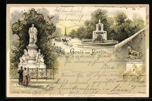 Lithographie Berlin-Tiergarten, Göthe-Denkmal, Siegesallee, Wrangelbrunnen