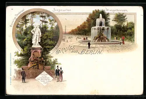 Lithographie Berlin-Tiergarten, Lessing-Denkmal, Siegesallee, Wrangelbrunnen