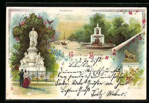 Lithographie Berlin-Tiergarten, Göthe-Denkmal, Siegesallee, Löwengruppe