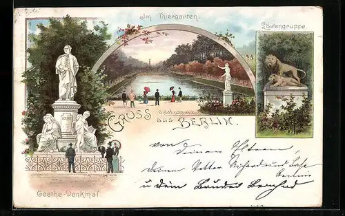 Vorläufer-Lithographie Berlin-Tiergarten, 1895, Goethe-Denkmal, Löwengruppe, Goldfischteich